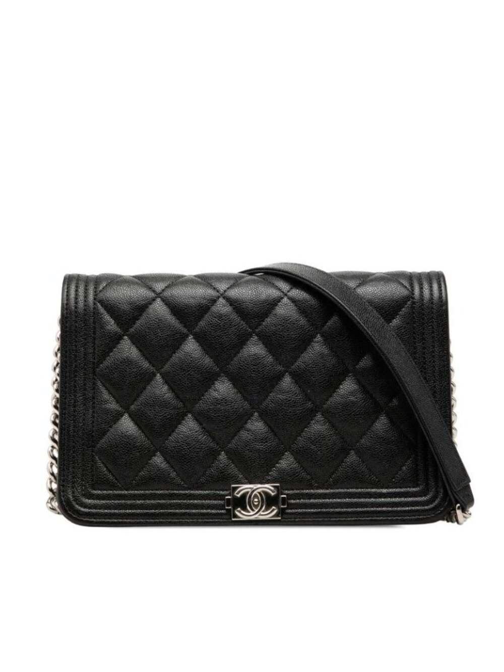 Chanel CC Logo Quilted Boy Chain Wallet Shoulder Bag Black Silver Caviar Leather